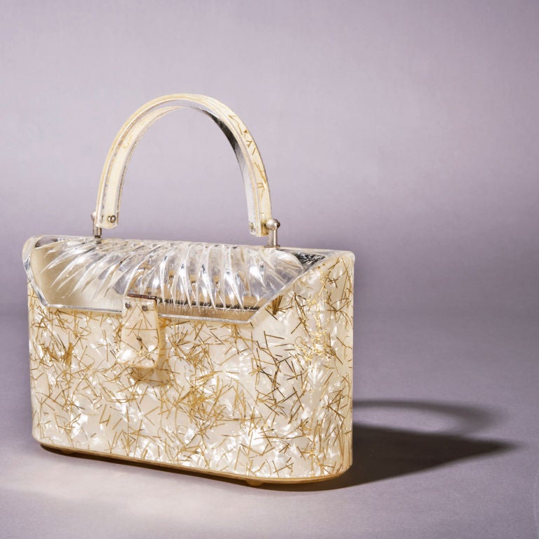 A White Tinsel Thread Cylindrical Lucite Bag by Gilli 1950s For Sale at