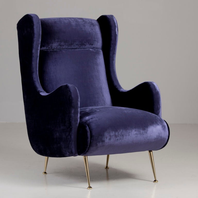 A Pair of 1950s Italian Purple Velvet Upholstered Armchairs designed by Marco Zanusso with Brass Splayed Leg