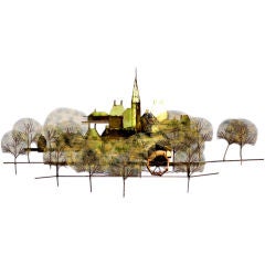 A Curtis Jere Wall Sculpture of a Town Scene with Church Steeple
