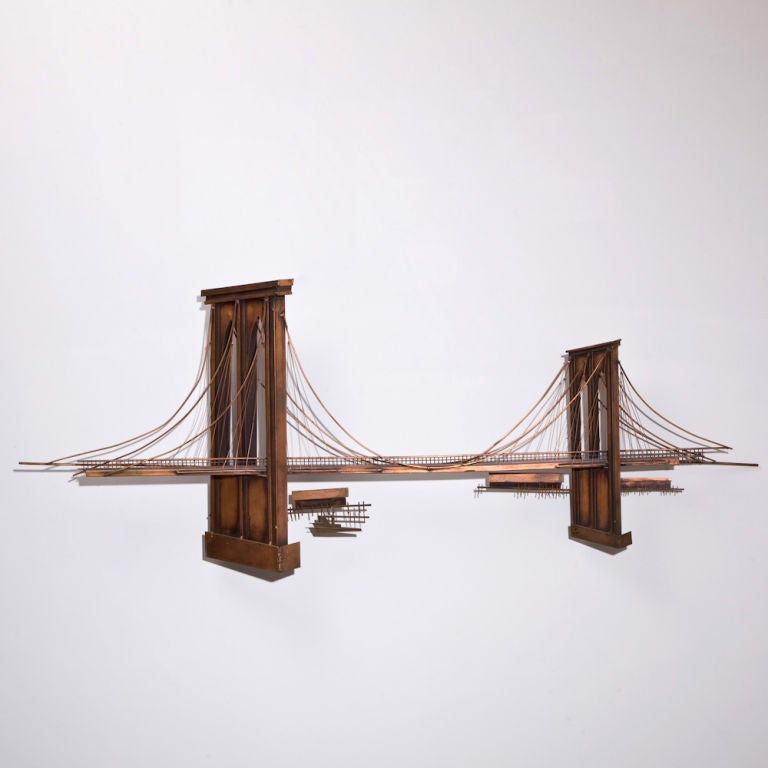 A Curtis Jere Designed Metal Wall Sculpture Depicting Brooklyn Bridge USA signed