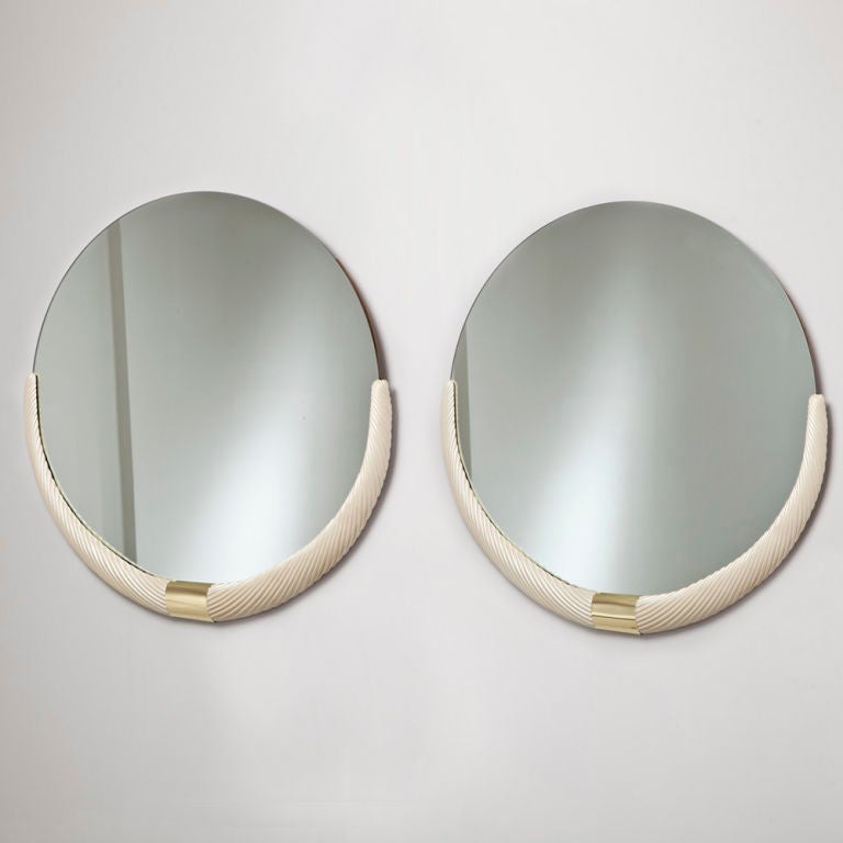 A Harlequin Pair of 1970s Ivory Painted and Gold Mirrors
