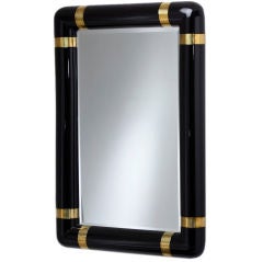 A Black Lacquer and Brassed Metal Trim Mirror 1980s