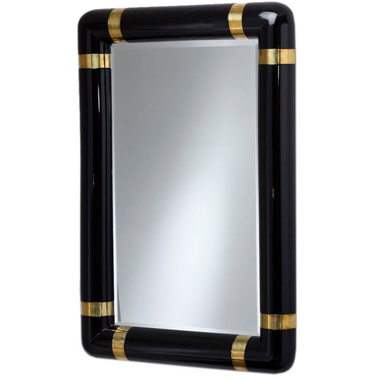 A Black Lacquer and Brassed Metal Trim Mirror 1980s at 1stDibs