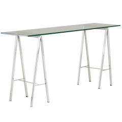 A 1960s Nickel Plated Trestle Based Console Table with Glass Top