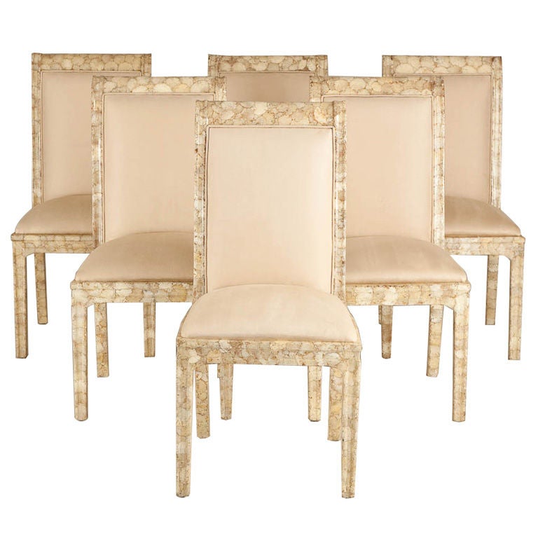 Set of Six Crushed Oyster Shell Veneered Dining Chairs For Sale