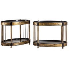 A Pair of Two Tiered Etched Brass and Black Side Tables