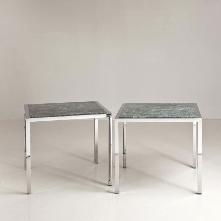 A Large Pair of Milo Baughman designed Square Side Tables in Chromed Metal and inset with Green Marble Tops USA 1970s