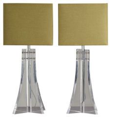 A Pair of 1970s Pyramid Shaped Lucite Table Lamps
