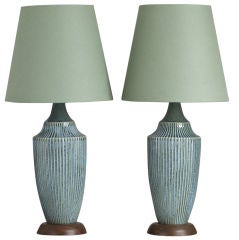 A Pair of 1960s Blue Ribbed Ceramic Table Lamps