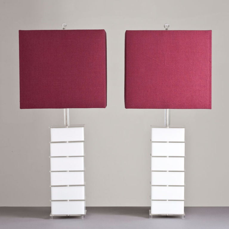 A Pair of 1970s Clear and White Acrylic Based Table Lamps