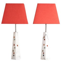 A Rare Pair of Alabaster and Fused Art Glass Lamps by Higgins