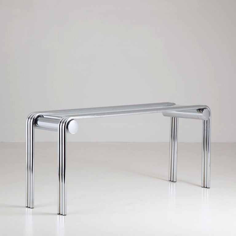 A 1970s polished aluminium framed console table with inset glass top USA

NB: These items are subject to a further discount over and above the trade when exported outside the EU of 20%.