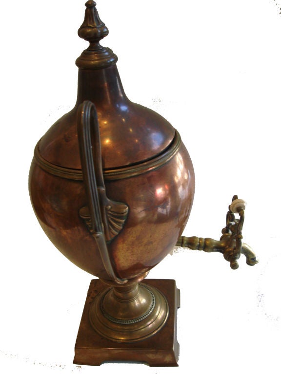 This is a nice copper Russian samovar traditionally used to heat and boil water in and around Russia, as well as in other Central, South-Eastern, Eastern European countries, and in the Middle-East mainly for tea.