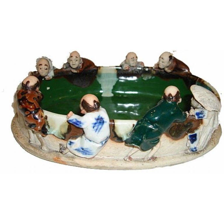 Sumida Gawa Pottery Piece (Men around a koi pond) For Sale