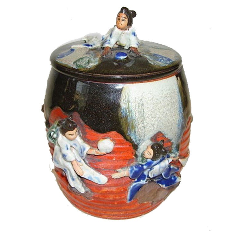 Ban-ni Sumida Gawa Pottery (Ginger Jar with Lid) For Sale