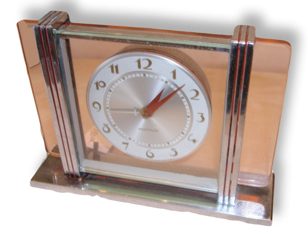 Nickel Westclox Leland Art Deco Alarm Clock with Pink Amber glass 1939