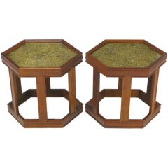Pair Brown  Saltman Walnut & Reverse Painted Glass Side Tables