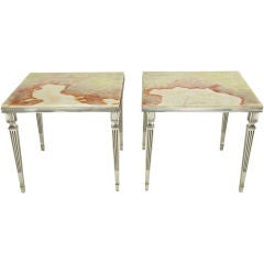 Pair 1940s Neoclassical Silver Plated Bronze & Onyx End Tables