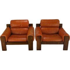 Pair Finnish Rosewood & Pumpkin Orange Leather Club Chairs
