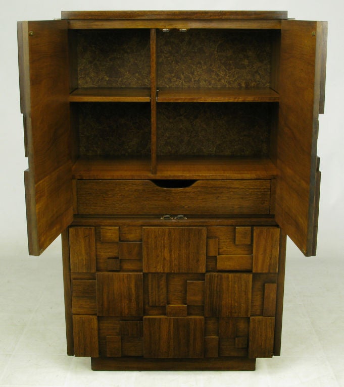 Tall Walnut 1960s Cabinet With Patchwork Block Front