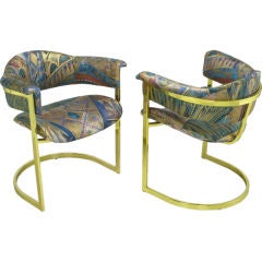 Pair Brass Cantilevered  Arm Chairs With Barrel Backs