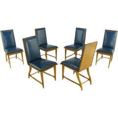Six  Romweber Carved Oak & Cadet Blue Leather Dining Chairs