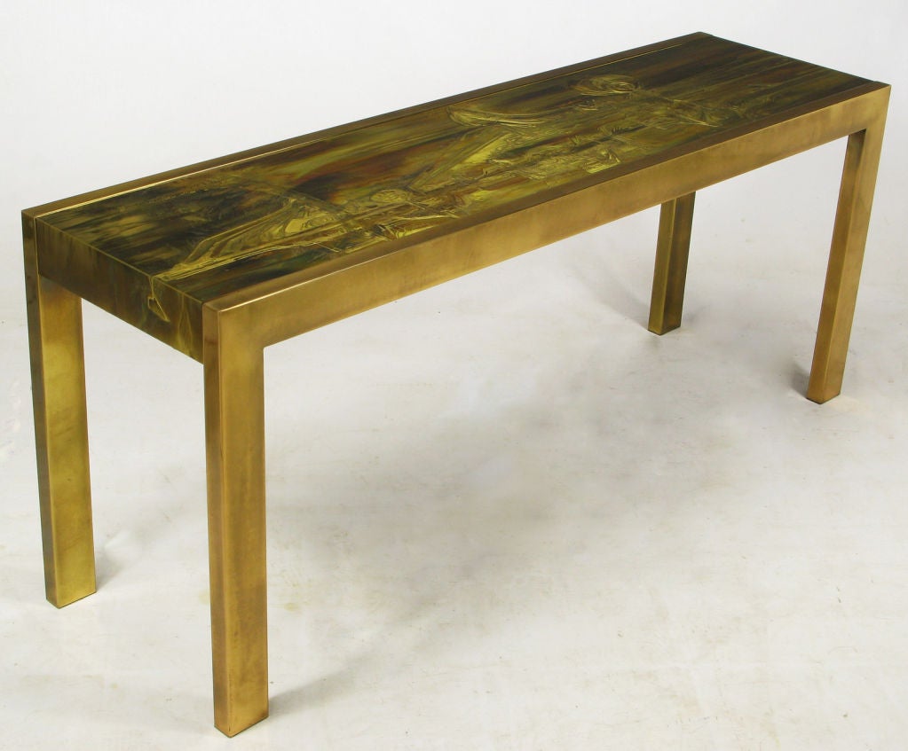 Mastercraft Brass Console With Bernhard Rohne Acid-Etched Top