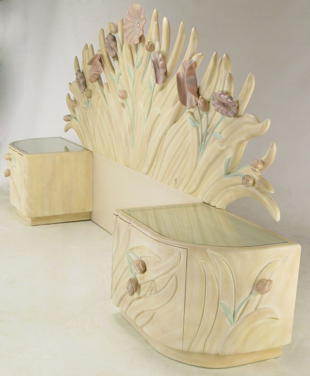 Phyllis Morris Floral Relief Headboard & Nightstands