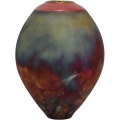 Hand Thrown Japanese Raku Vase In Silver Blues, Magenta & Ambers 12