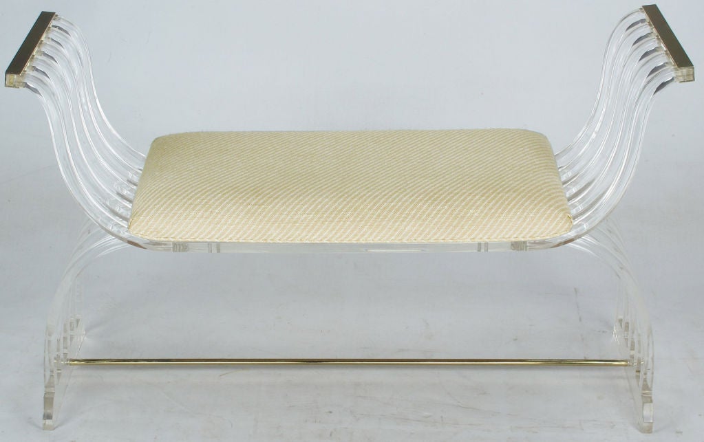 Empire Style Lucite & Brass Bench With Striped Taupe Upholstery