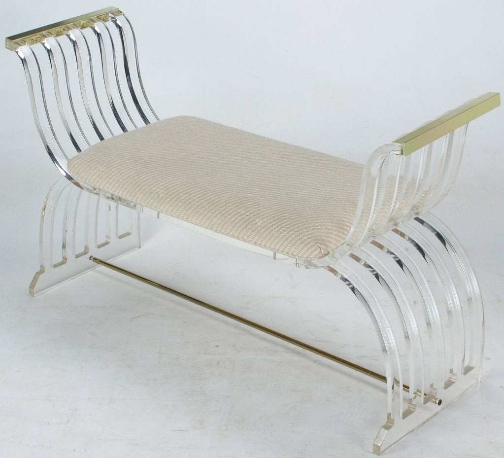 American Empire Style Lucite & Brass Bench With Striped Taupe Upholstery