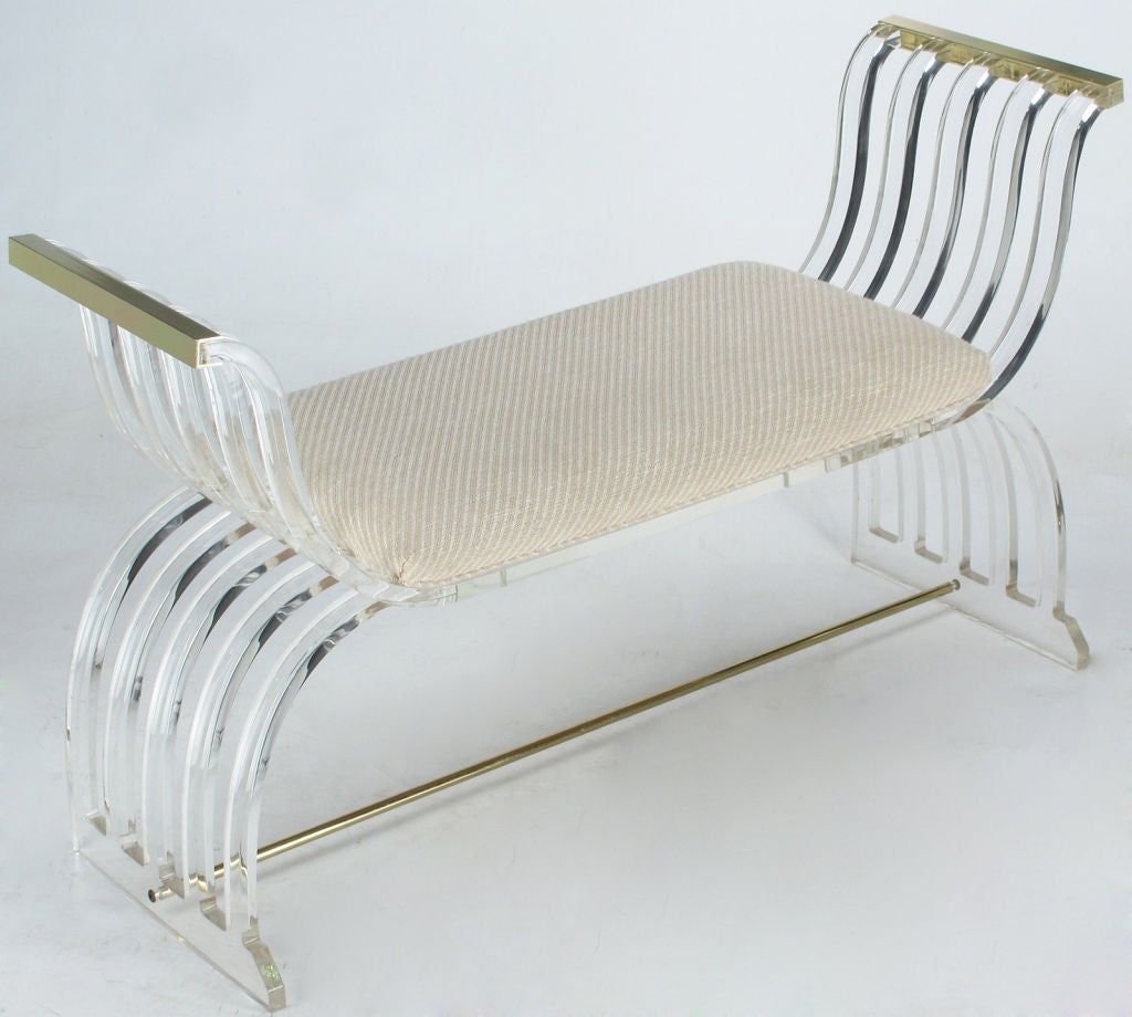 Late 20th Century Empire Style Lucite & Brass Bench With Striped Taupe Upholstery