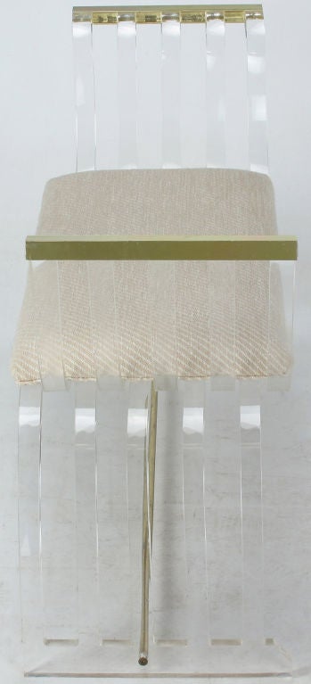 Acrylic Empire Style Lucite & Brass Bench With Striped Taupe Upholstery