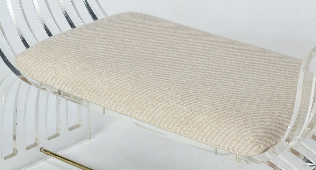 Empire Style Lucite & Brass Bench With Striped Taupe Upholstery 1