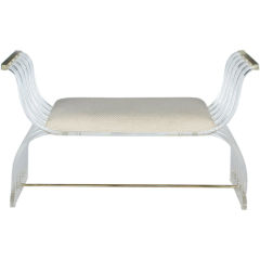 Vintage Empire Style Lucite & Brass Bench With Striped Taupe Upholstery