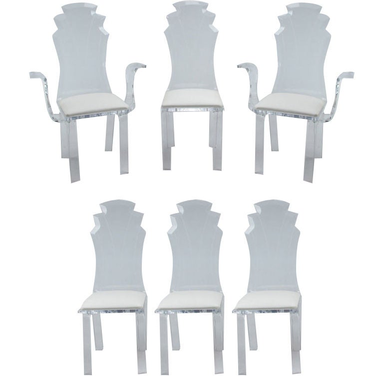 Set Of Six Lucite Dining Chairs With Upholstered Seats