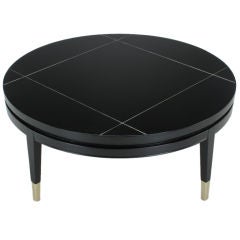Round Black Lacquer Coffee Table With Brushed Metal Inlaid Top