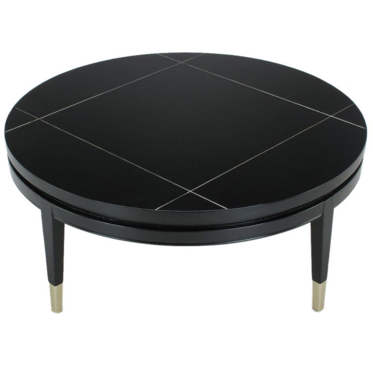 Round Black Lacquer Coffee Table With Brushed Metal Inlaid Top at