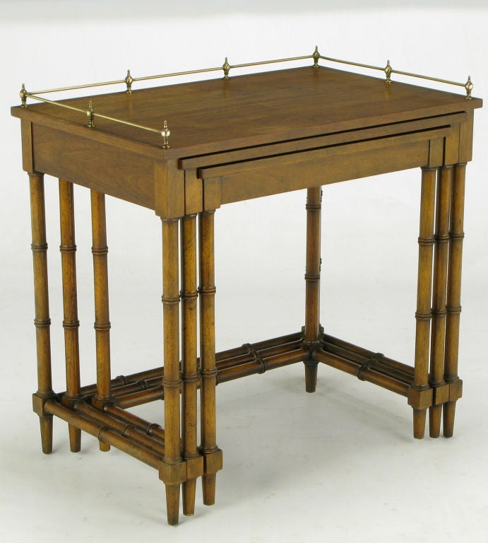 American Set Three Walnut Nesting Tables With Brass Gallery Rail