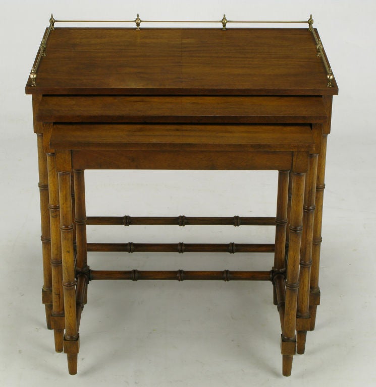 Mid-20th Century Set Three Walnut Nesting Tables With Brass Gallery Rail