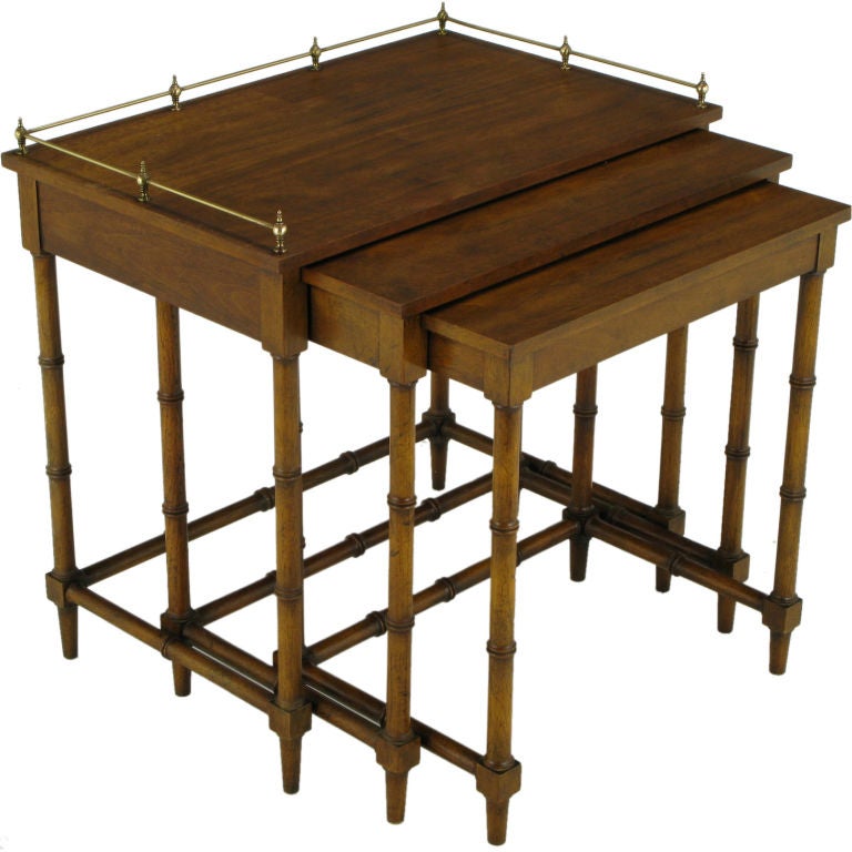 Set Three Walnut Nesting Tables With Brass Gallery Rail