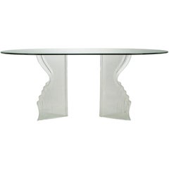 Etched & Beveled Double Pedestal Lucite & Glass Dining Table