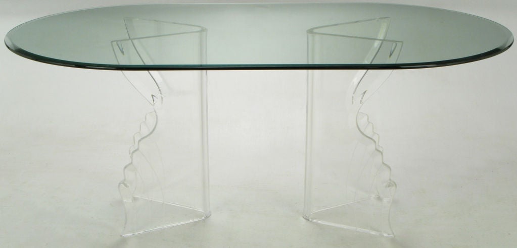 Etched & Beveled Double Pedestal Lucite & Glass Dining Table