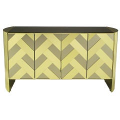 Brass & Mirrored Cabinet With Chevron Design Doors