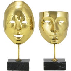 Pair Brass Carnivale Masks Mounted On Black Marble 10