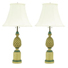 Pair 1940s Cream & Blue Gesso Pineapple Table Lamps