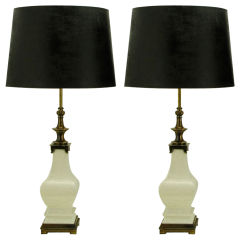 Pair Stiffel White Crackle Glazed Ceramic & Brass Table Lamps