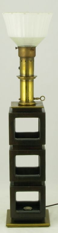 American Edwin Cole For Stiffel Brass & Open Walnut Cubes Table Lamp