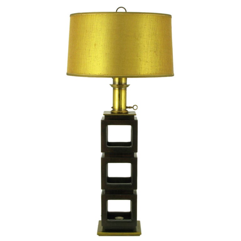 Edwin Cole For Stiffel Brass & Open Walnut Cubes Table Lamp