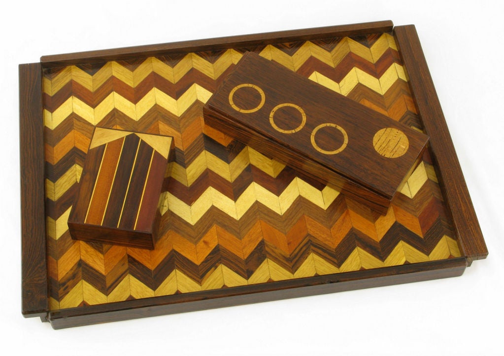 Don S. Shoemaker Rosewood Chevron Parquetry Tray With Pair Boxes 5